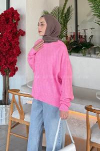 Lamelif Kendinden Desenli Triko Kazak Pembe