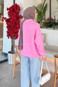 Lamelif Kendinden Desenli Triko Kazak Pembe