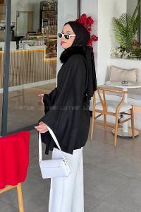 Lamelif Kürk Yaka Panço Siyah