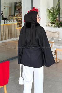 Lamelif Kürk Yaka Panço Siyah