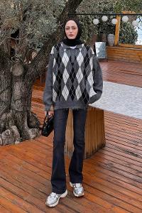 Lamelif Polo Yaka Baklava Desen Kazak Gri