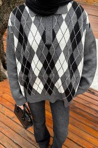 Lamelif Polo Yaka Baklava Desen Kazak Gri