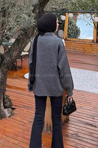 Lamelif Polo Yaka Baklava Desen Kazak Gri