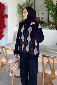 Lamelif Polo Yaka Baklava Desen Kazak Lacivert