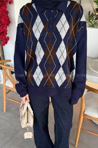 Lamelif Polo Yaka Baklava Desen Kazak Lacivert