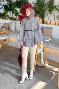 Lamelif Tesettür Kemerli Panço Gri