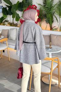 Lamelif Tesettür Kemerli Panço Gri