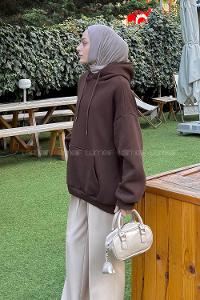 Lamelif Üç İplik Kanguru Cep Sweatshirt Acı Kahve