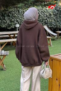 Lamelif Üç İplik Kanguru Cep Sweatshirt Acı Kahve