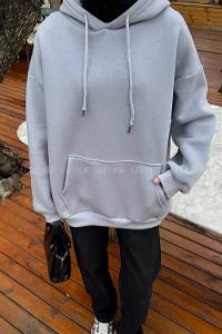 Lamelif Üç İplik Kanguru Cep Sweatshirt Açık Gri