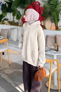 Lamelif Üç İplik Kanguru Cep Sweatshirt Bej