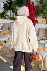 Lamelif Üç İplik Kanguru Cep Sweatshirt Bej