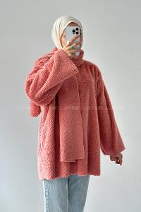 Lamelif Atkılı Peluş Mont Gül Rengi