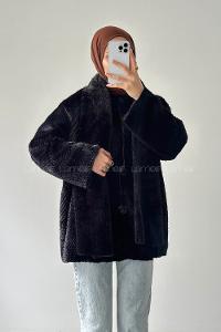 Lamelif Atkılı Peluş Mont Siyah