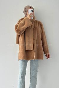 Lamelif Atkılı Peluş Mont Sütlü Kahve