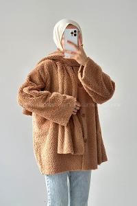 Lamelif Atkılı Peluş Mont Sütlü Kahve