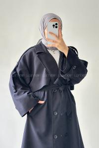 Lamelif Bağlama Detaylı Trençkot Lacivert