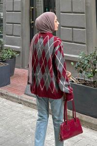 Lamelif Baklava Desen Şardonlu Kazak Bordo