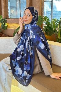 Lamelif Batik Çiçek Desen Bambu Şal Lacivert