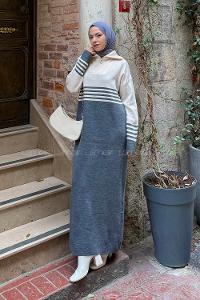 Lamelif Boğazlı Çizgi Detaylı Triko Elbise Antrasit