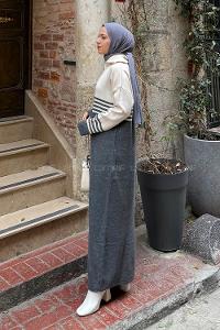 Lamelif Boğazlı Çizgi Detaylı Triko Elbise Antrasit