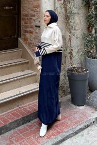 Lamelif Boğazlı Çizgi Detaylı Triko Elbise Lacivert