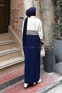 Lamelif Boğazlı Çizgi Detaylı Triko Elbise Lacivert