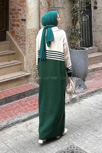 Lamelif Boğazlı Çizgi Detaylı Triko Elbise Zümrüt Yeşili