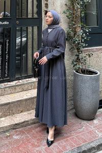 Lamelif Düğme Detaylı Tesettür Elbise Antrasit