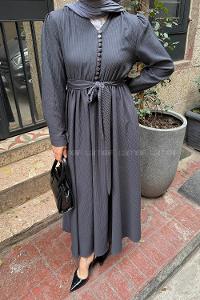 Lamelif Düğme Detaylı Tesettür Elbise Antrasit