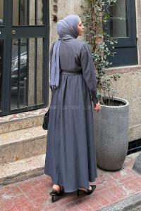 Lamelif Düğme Detaylı Tesettür Elbise Antrasit