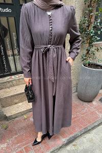 Lamelif Düğme Detaylı Tesettür Elbise Vizonrengi