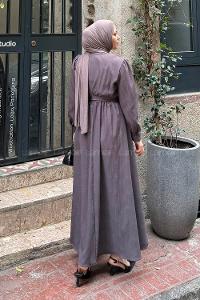 Lamelif Düğme Detaylı Tesettür Elbise Vizonrengi