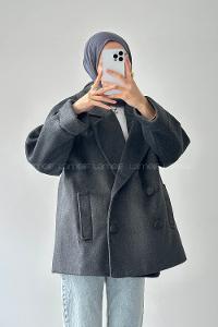 Lamelif Düğmeli Kruvaze Kaban Antrasit