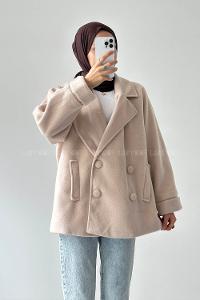 Lamelif Düğmeli Kruvaze Kaban Bej