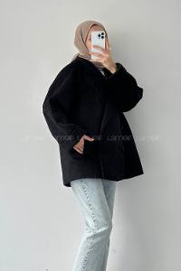 Lamelif Düğmeli Kruvaze Kaban Siyah