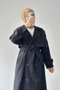 Lamelif Fleto Cep Omuz Apoletli Trençkot Siyah