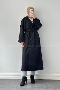 Lamelif Fleto Cep Omuz Apoletli Trençkot Siyah