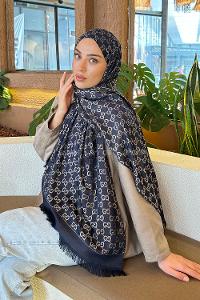 Lamelif G Desen Kaşmir Çift Taraflı Şal Lacivert Taş