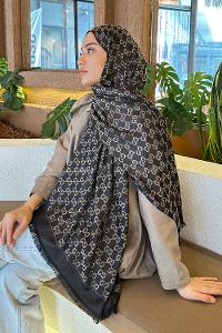 Lamelif G Desen Kaşmir Çift Taraflı Şal Siyah Vizon