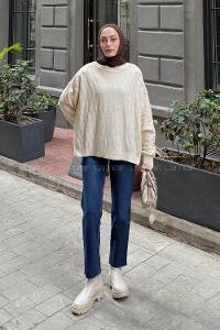 Lamelif Kendinden Desenli Triko Kazak Natural