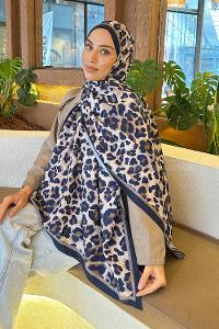 Lamelif Leopar Desen Bambu Şal Lacivert