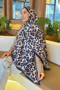 Lamelif Leopar Desen Bambu Şal Lacivert