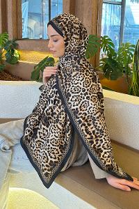 Lamelif Leopar Desen Bambu Şal Siyah Bej