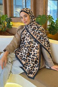 Lamelif Leopar Desen Bambu Şal Siyah Camel
