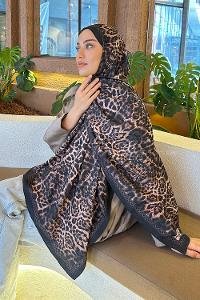 Lamelif Leopar Desen Bambu Şal Siyah Kahverengi