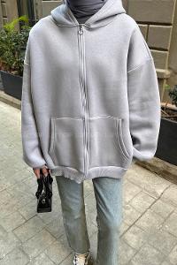 Lamelif Ön Fermuarlı Düz Sweatshirt Açık Gri