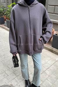 Lamelif Ön Fermuarlı Düz Sweatshirt Antrasit