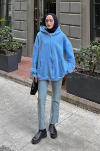 Lamelif Ön Fermuarlı Düz Sweatshirt Bebek Mavisi
