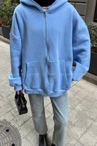 Lamelif Ön Fermuarlı Düz Sweatshirt Bebek Mavisi